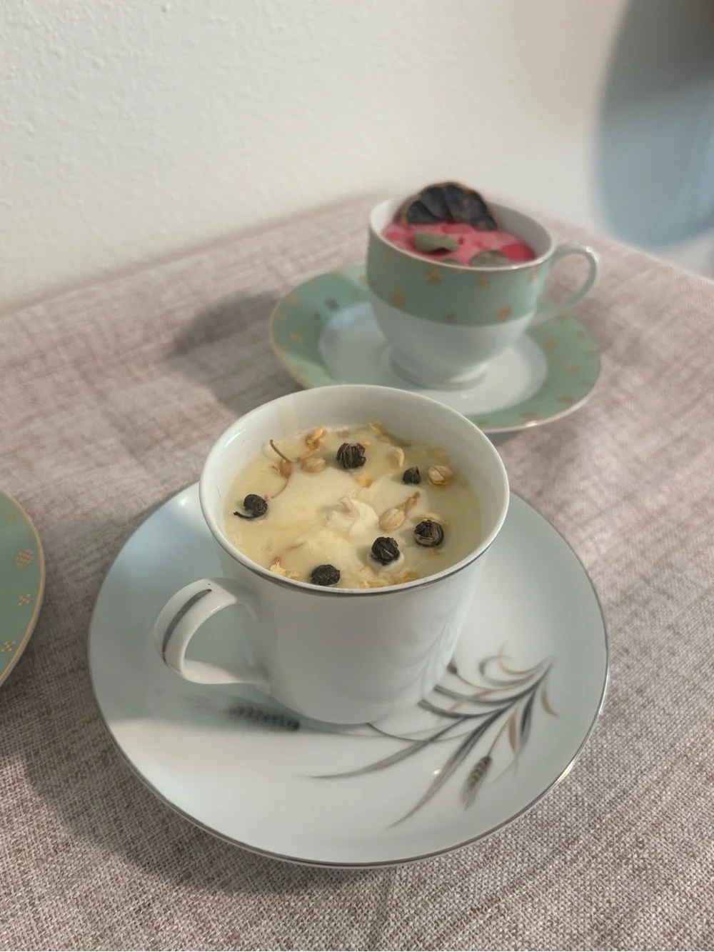 Set of 3 Homemade Candles with Elegant White Porcelain Tea Cups & Saucers